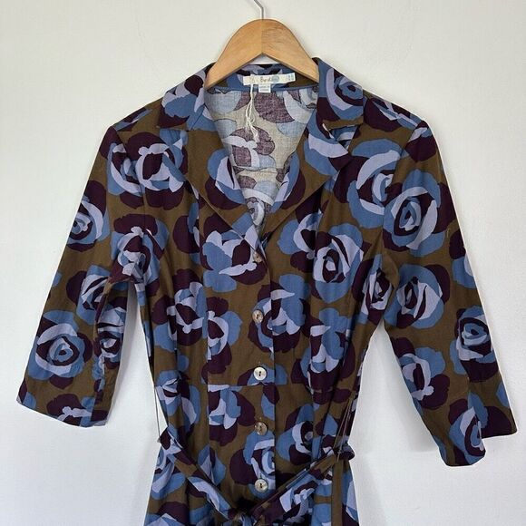 Boden Women’s Riviera Olive Green Rose Floral Print Button Down Waist Tie Shirt - Picture 4 of 13